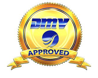 Gold seal with DMV Approved text and ribbon.