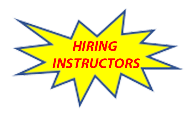 Bright yellow starburst sign saying 'HIRING INSTRUCTORS' in red text.
