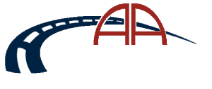 Logo with stylized letters and road graphic.