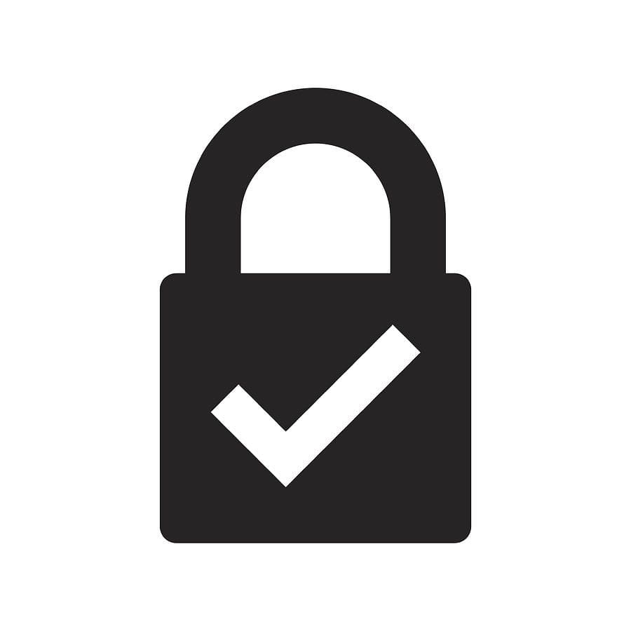 Black padlock icon with a white checkmark symbolizing security and approval.