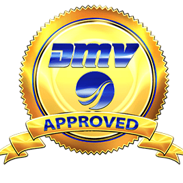 Gold seal with DMV Approved text and ribbon.