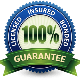 Blue and green badge stating 100% guarantee, licensed, insured, and bonded.